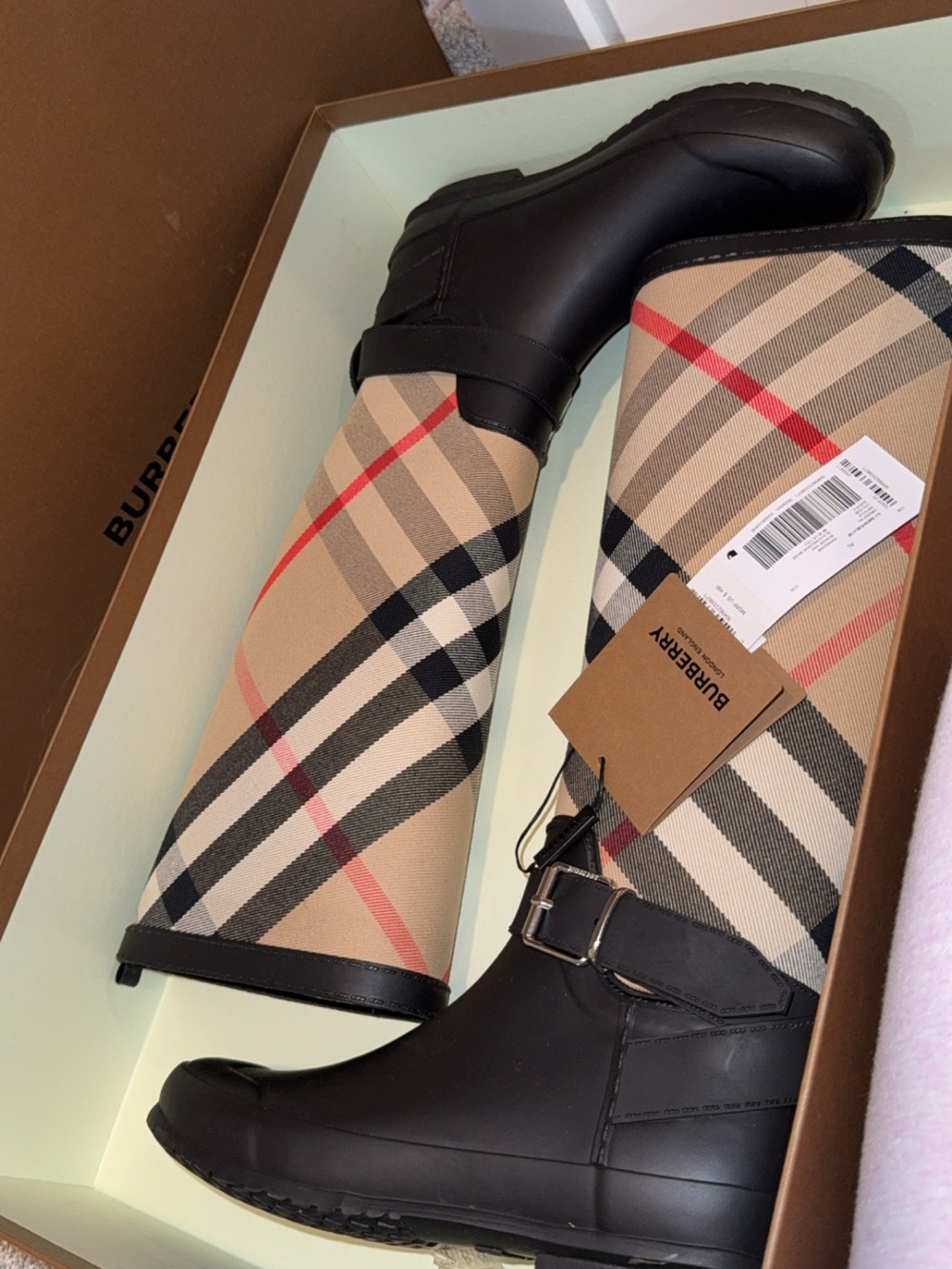 Burberry Black & Beige Vintage Check Tall Rain Boots